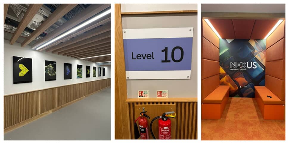 A collage of the playful interior wayfinding signage and decor.